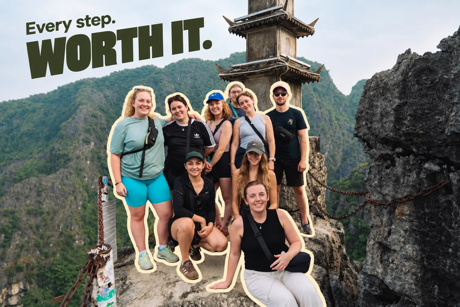 A group of travellers poses together on the steps of a mountain pagoda above the clouds. The photo is captioned Every step. Worth it.