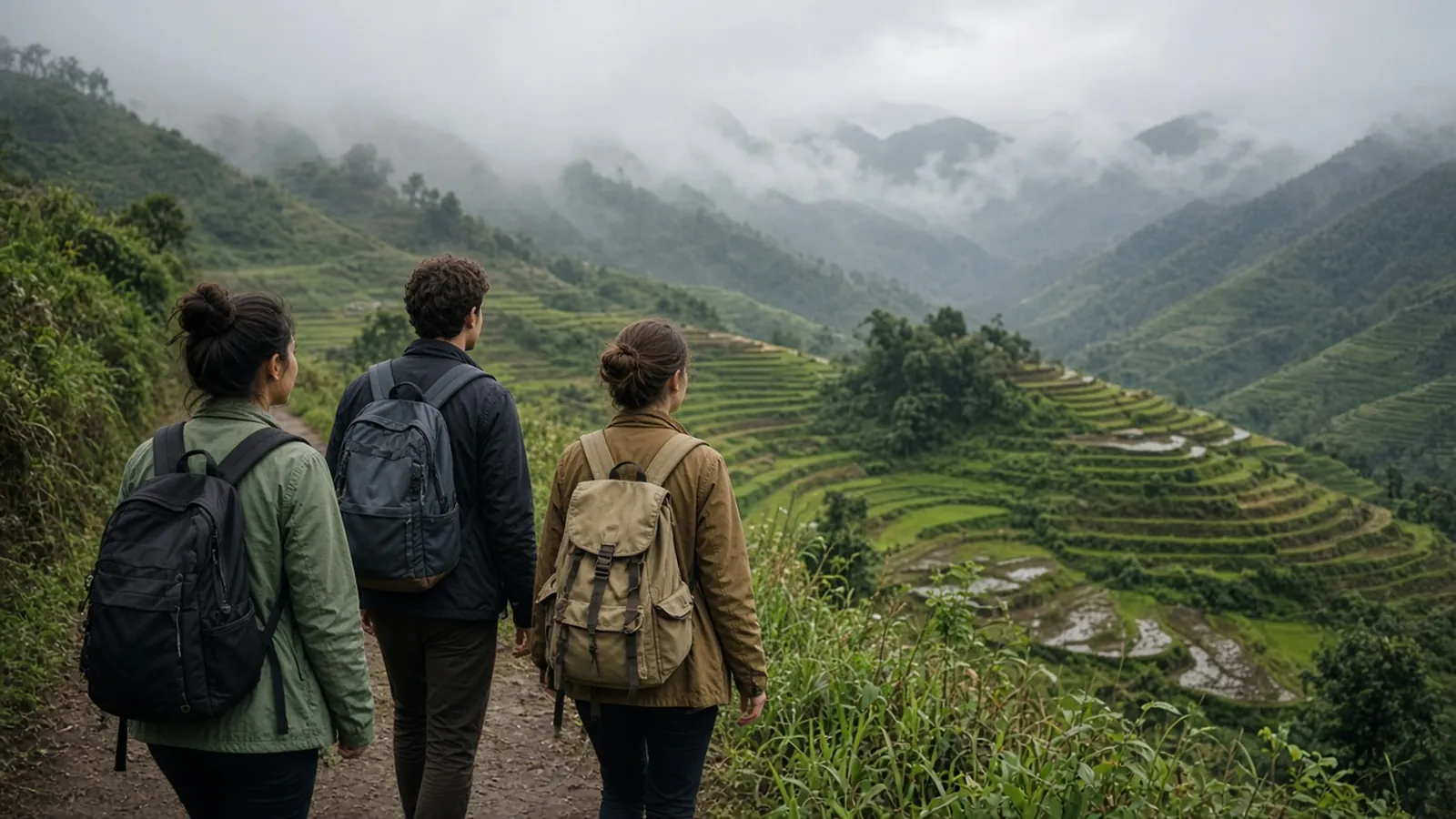 A small group of travellers with backpacks standing together on a quiet country road.