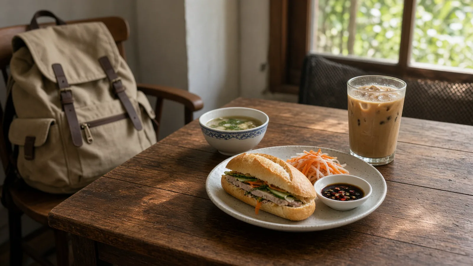 A simple Vietnamese breakfast on a wooden table with a backpack on a nearby chair.