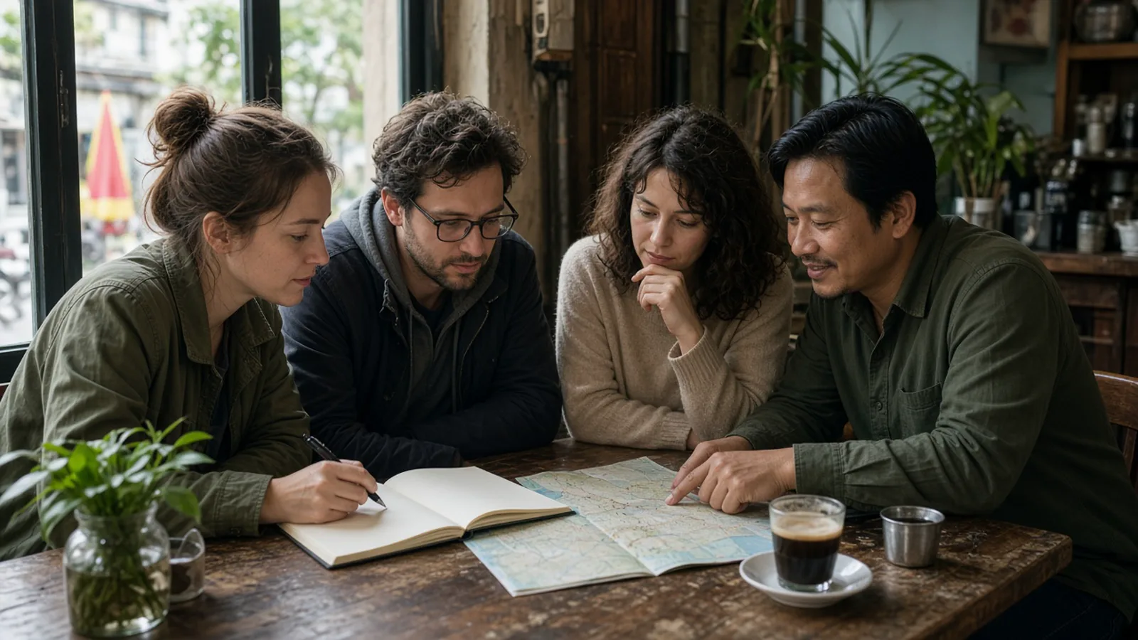 Travellers and a host talking over a map at a cafe table before a trip.