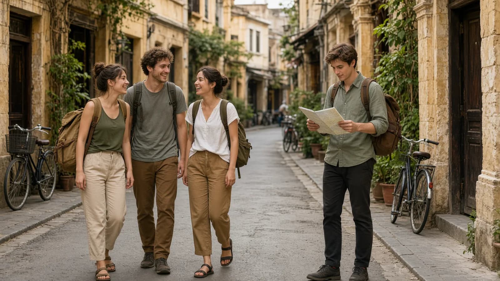 A small group with backpacks walking a Vietnamese old-town street, one traveller holding a map.