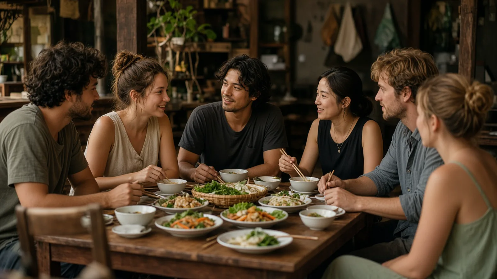 Travellers in their twenties and thirties sharing a meal around a low table.