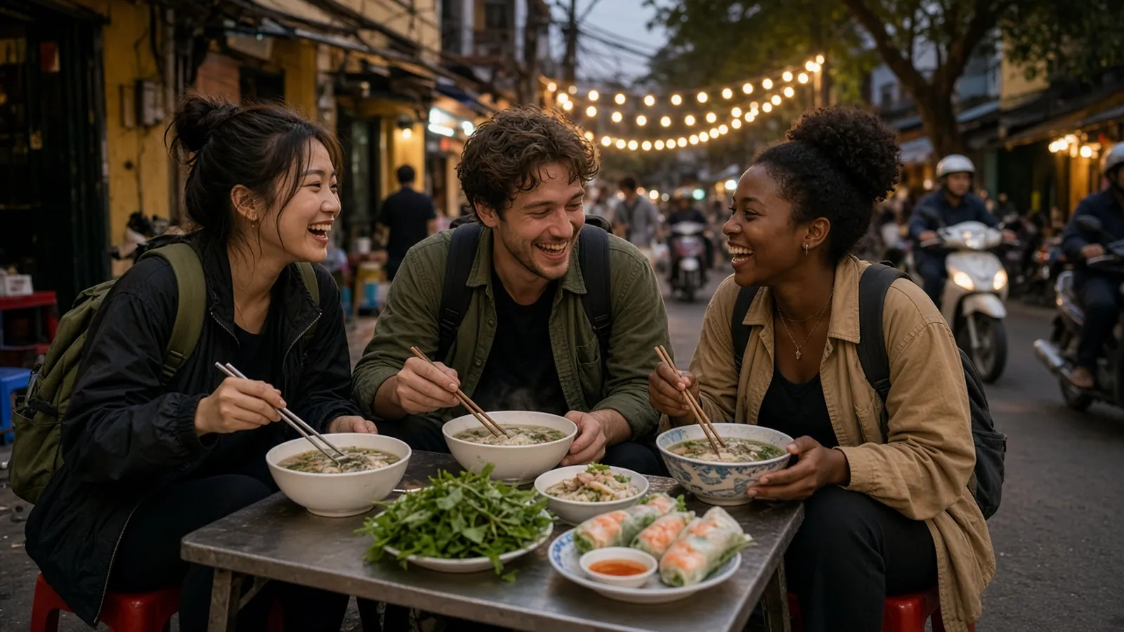 Friends sharing a meal around a low wooden table in a warm Vietnamese home.