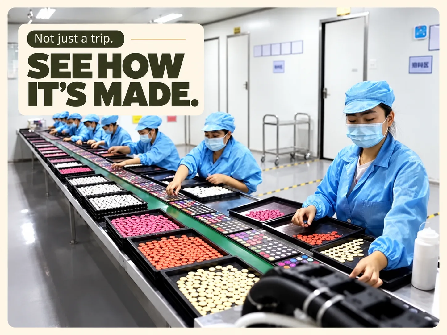 A small group inside a garment factory beside rolls of fabric and sewing stations, with the words See how it's made.