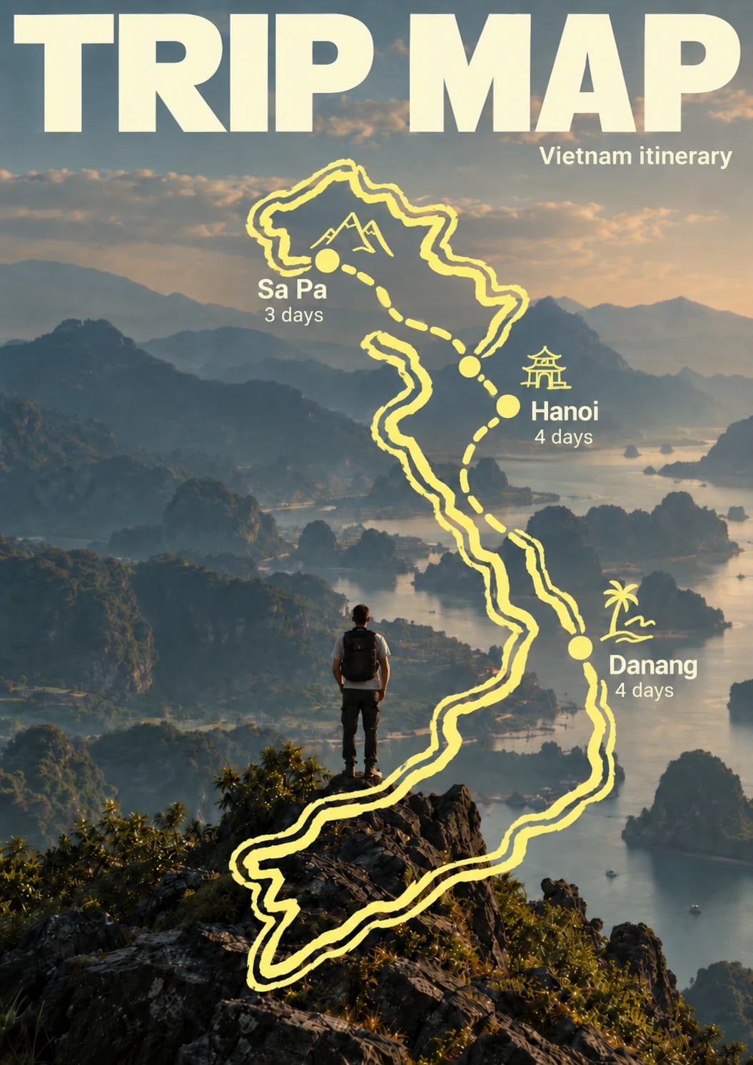 Vietnam trip map: Sa Pa 3 days, Hanoi 4 days, Danang 4 days