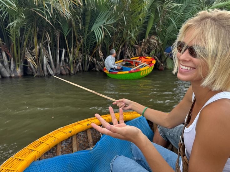 Traveller relaxing in a basket boat
